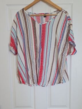 SHEIN Multicolor Striped V-Neck Blouse in Red, Blue, Brown & Cream